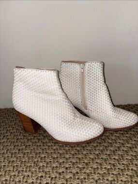 Woven White Ankle Booties with Stacked Heel
